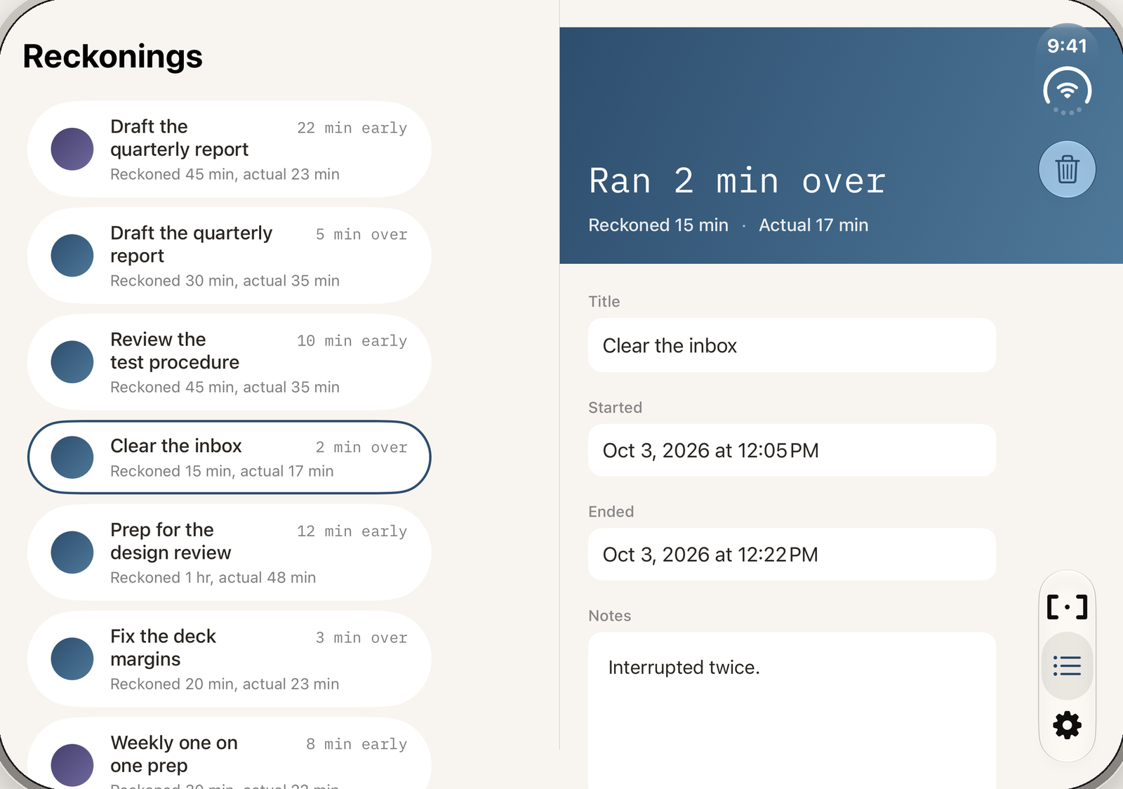 Reckonry on the unfolded iPhone Duo: the list of reckonings beside one record, ran 2 minutes over on Clear the inbox.